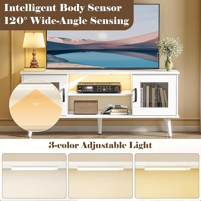 Wood TV Stand for 55 Inch TV, Mid Century Modern Entertainment Center with Adjustable Shelf, Sensor LED Light, 2 Cabinets, TV Media Console for Living Room Bedroom White