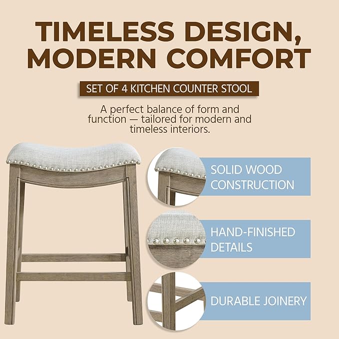 ROME + OAK Set of 4 Parker 26" Counter Stool, Backless Saddle Kitchen Barstool in Reclaimed Oak Finish with Ash Grey Fabric Upholstery Cushion Seat