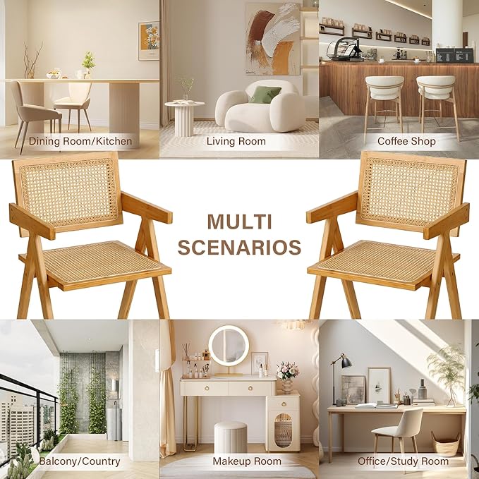 Rattan Dining Chairs Set of 4, Modern Mid Century Accent Chairs, Comfy Armchairs, Outdoor Rattan Chairs with Armrest for Bedroom Living Room Reading Room Dining Kitchen