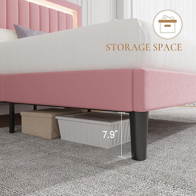 SHA CERLIN Full Size Velvet Bed Frame with LED Light, Adjustable Vertical Channel Tufted Headboard, Strong Wooden Slats Support, Noise-Free, No Box Spring Needed, Pink
