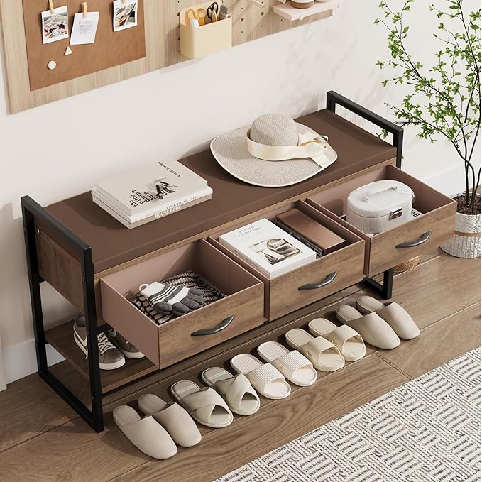 Shoe Bench, 39.4" Shoe Storage with Cushion, Industrial Rack Organizer with Fabric Drawers for Entryway, Hallway, Brown