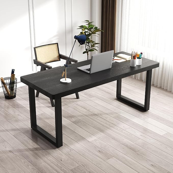 Modern Solid Wood Dining Table with Metal Base Stylish Durable Dining Room Table in Black Multiple Sizes Home Use Office Desk (Respectful Black, 47in)