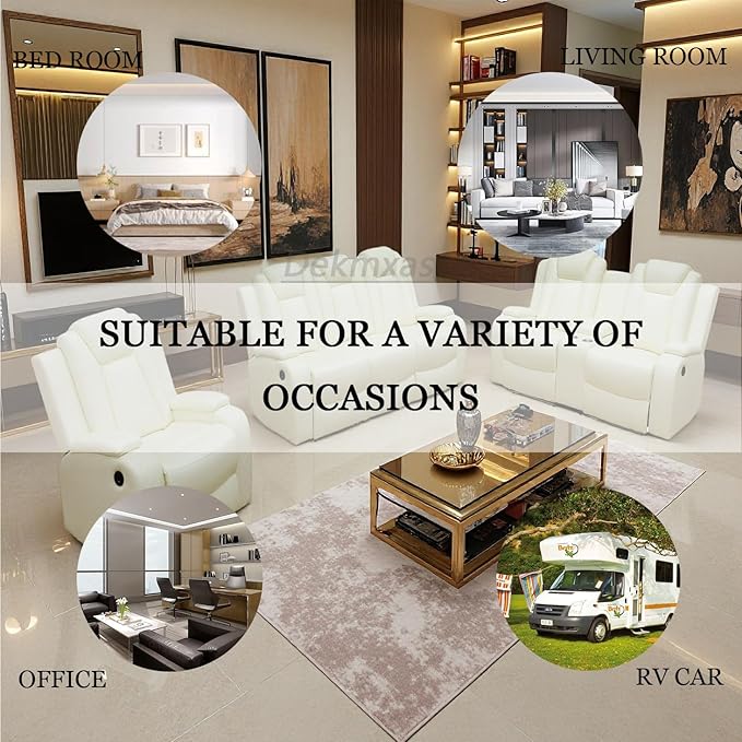 Modern Power Reclining Chair Set, Ivory White Breathing Leather Sofa Couches, Living Room Sofa Sets Power Recliner Sofa Set with LED Light for Living Room & Apartment & Home & RV