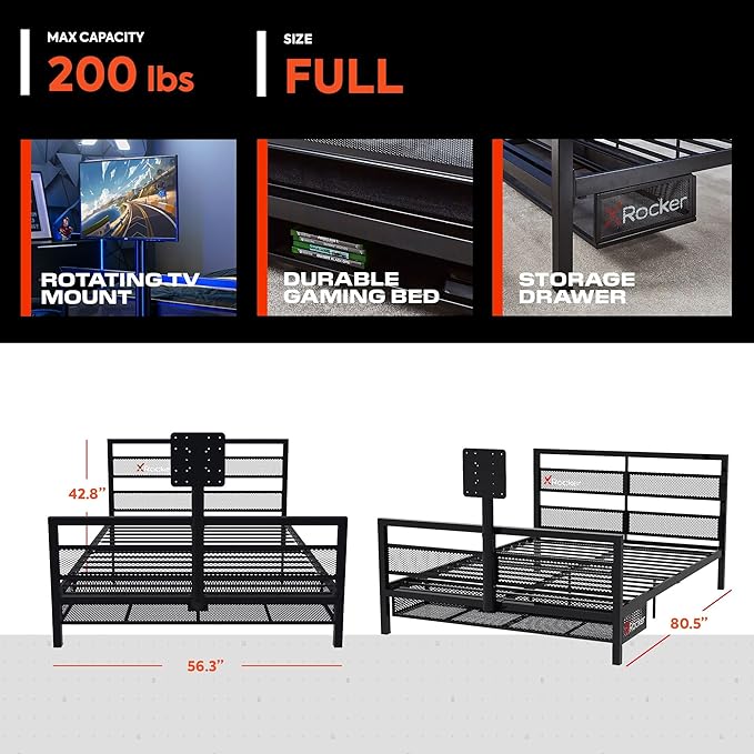 X Rocker Basecamp Full Size Gaming Bed, Rotating TV Mount with Vented Console Storage, Metal Mesh Frame with Slats, Amazon Exclusive, Black