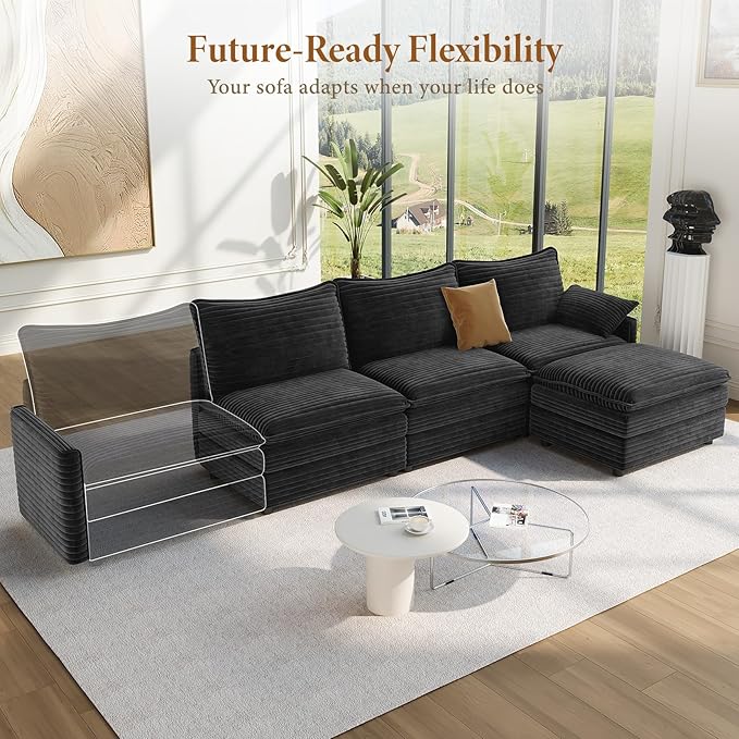 Vesgantti 108" Modular Sectional Sofa, Comfy Cloud Couch with Movable Ottoman Deep Seat Corduroy L Shaped Modular Sofa, Sectional Couches for Living Room, Bedroom and Apartment, Gray | Sink-in Comfort, Height Adjustable, Easy Rearrangement, Extra-deep ...