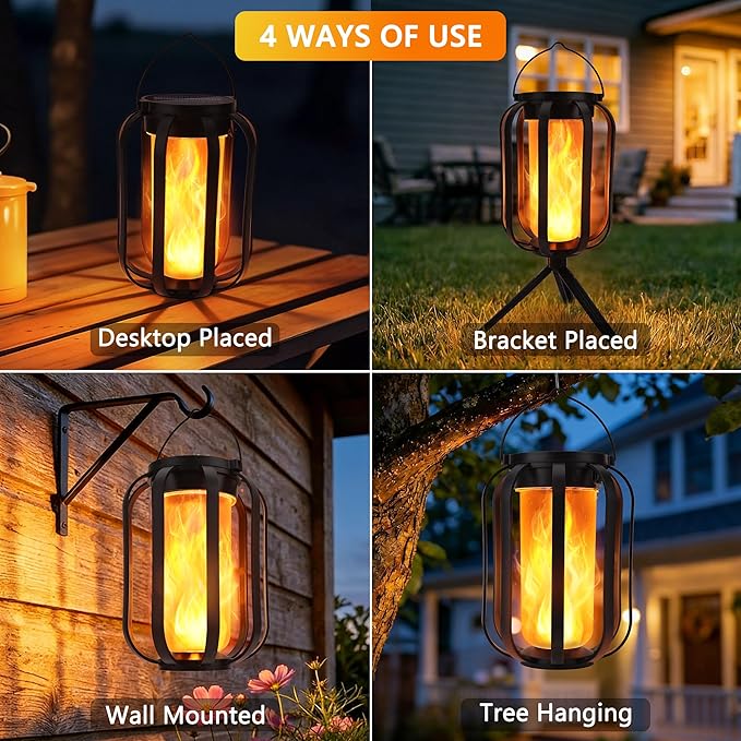 Toodour Solar & Battery Powered Lantern Outdoor Lights, 2 Pack Black LED Lantern with 4 Modes, Waterproof Rechargeable Hanging Solar Lights for Camping Patio Garden Yard Outdoor Decor