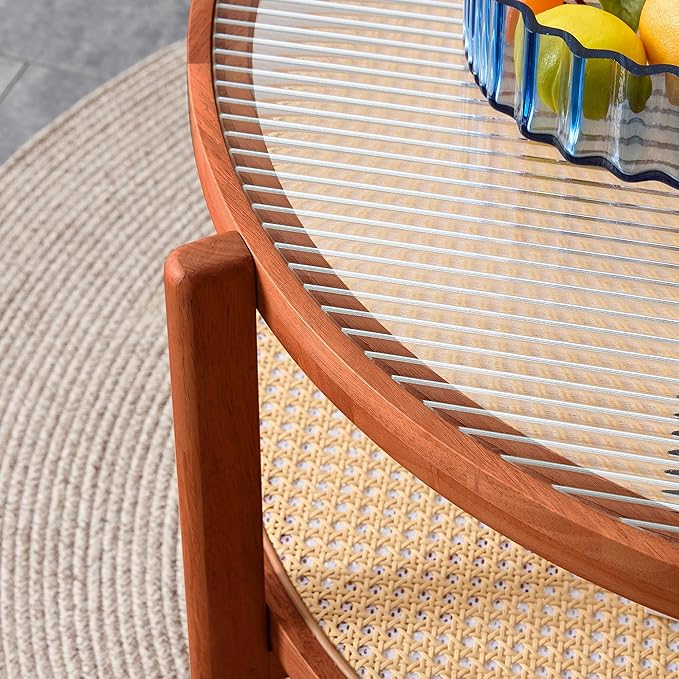 Tempered Glass Round Coffee Table, Farmhouse Circle Coffee Table with Rattan Woven Shelf for Storage, Solid Wood Circular Center Table for Living Room