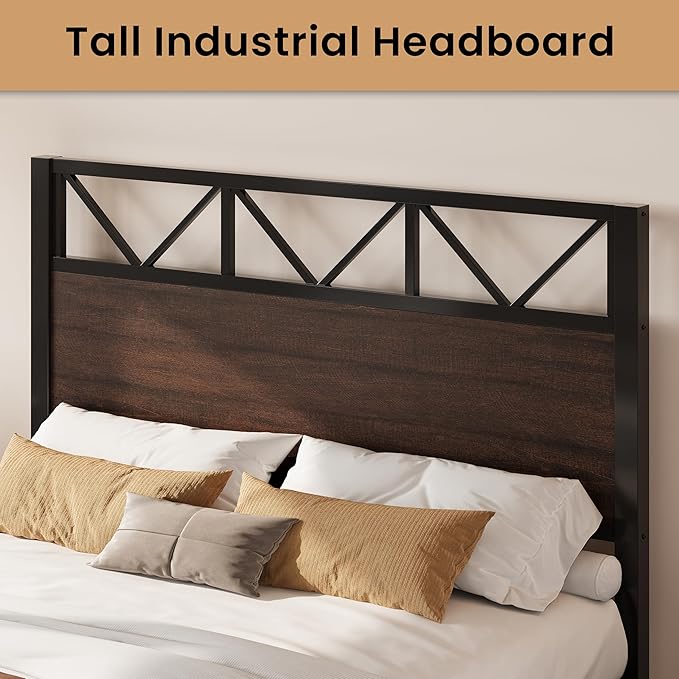 LIKIMIO Queen Bed Frame, Tall Industrial Headboard 51.2 ", Platform Bed Frame with Strong Metal Support, Solid and Stable, Noise Free, No Box Spring Needed, Easy Assembly, Dark Brown
