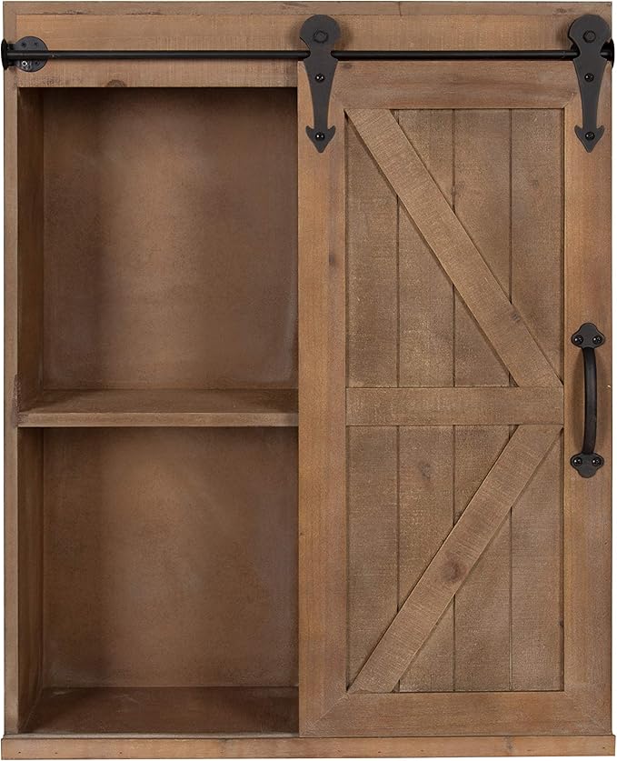 Kate and Laurel Cates Wood Wall Storage Cabinet with Sliding Barn Door; 22 x 9 x 28; Rustic Brown; Decorative Farmhouse Over the Toilet Cabinet with Three Shelves for Bathroom or Kitchen Storage