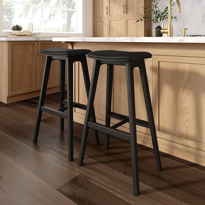 Plank+Beam Beryl Bar Height Stool - Mid-Century Modern Rubberwood Bar Stool with Faux Leather Seat, Metal Footrest, Easy Assembly, 4-Pack, Black/Black