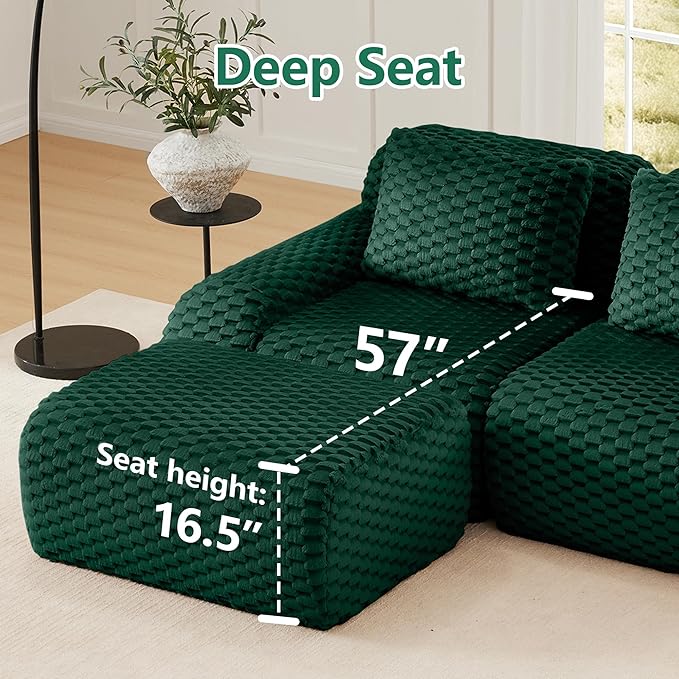 KEIKI 114" Oversized 3-Seater Boneless Couches for Living Room, Compact Modular Sectional Velvet Sofa U-Shaped, Deep Seat Cozy Foam No Assembly Couch for Small Space, Modern Comfort Design, Green