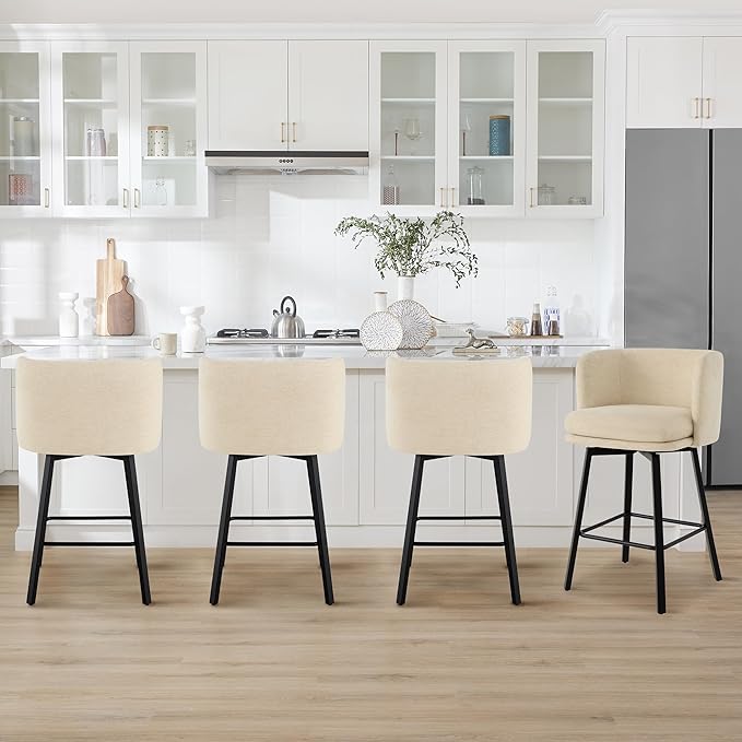 26" H Counter Height Swivel Bar Stools Set of 4, Barrel Counter Stools with Backrest, Linen Fabric Upholstered Barstools with Metal Legs for Kitchen Island,Sand