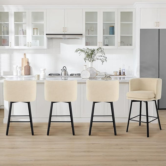26" H Counter Height Swivel Bar Stools Set of 4, Barrel Counter Stools with Backrest, Linen Fabric Upholstered Barstools with Metal Legs for Kitchen Island,Sand