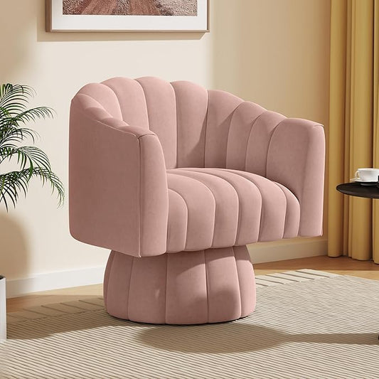 Mid Century 360 Degree Swivel Cuddle Barrel Accent Sofa Chairs, Round Armchairs with Wide Upholstered, Fluffy Velvet Fabric Chair for Living Room, Bedroom, Office, Waiting Rooms, (Pink)
