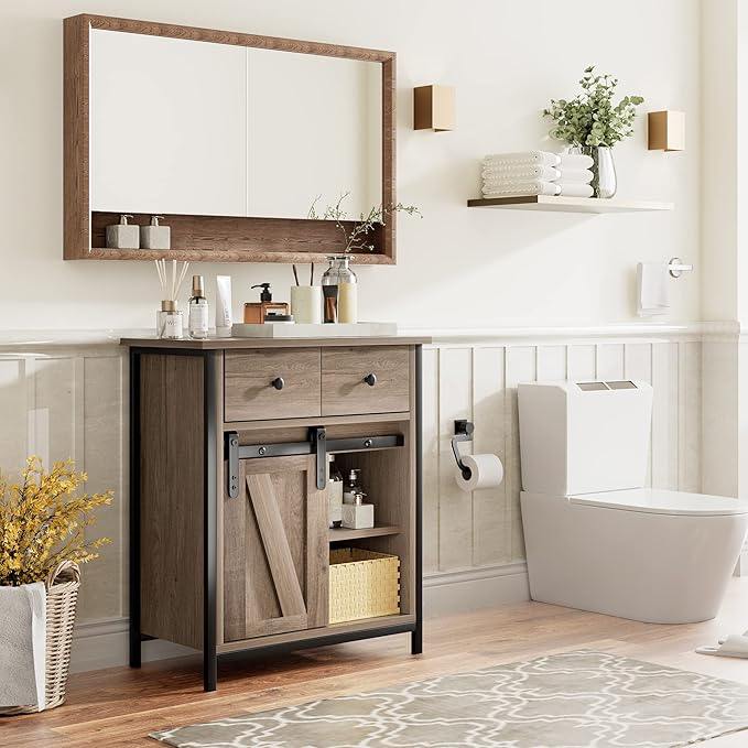 Senfot Coffee Bar Cabinet, Modern Farmhouse Kitchen Buffet Sideboard with 2 Drawers and 2 Shelves, Sliding Barn Door Storage Cabinet for Kitchen, Dining Room, Bathroom, Entryway, Rustic Brown