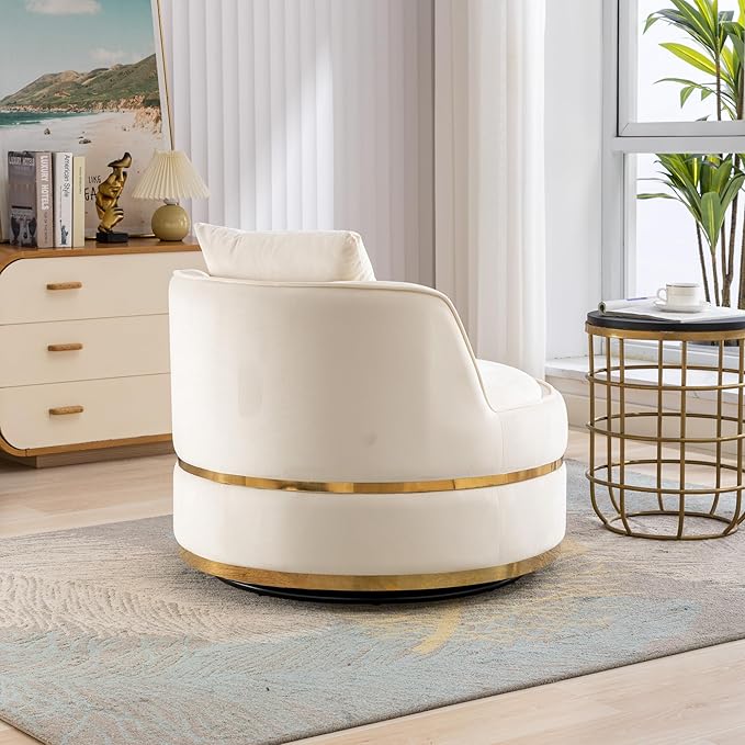 Merax 360° Swivel Accent Chair 32.6" Velvet Modern Upholstered Barrel Chair Comfy Soft Round Reading Sofa Chair with Seat Cushion for Living Room, Bedroom, Office, Apartment (Beige)