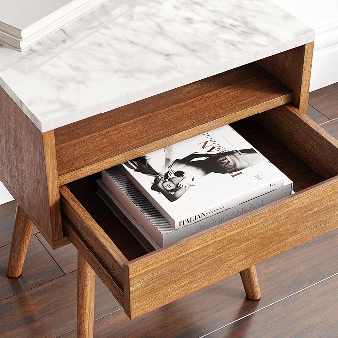 Nathan James Mid-Century James Faux White Marble Accent Side or End Table with Walnut Finish and Marble Table-top with Storage, White/Brown, Set of 2