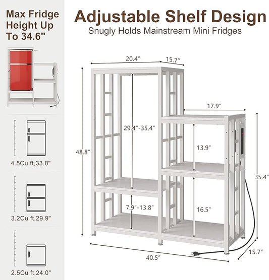 Mini Fridge Stand Coffee Bar Cabinet Station With Small Refrigerator Insert Storage Space, Shelf Organizer For Dorm Microwave To Sit, White Baker Rack With Power Outlet, Big Table To Go Over Fridge