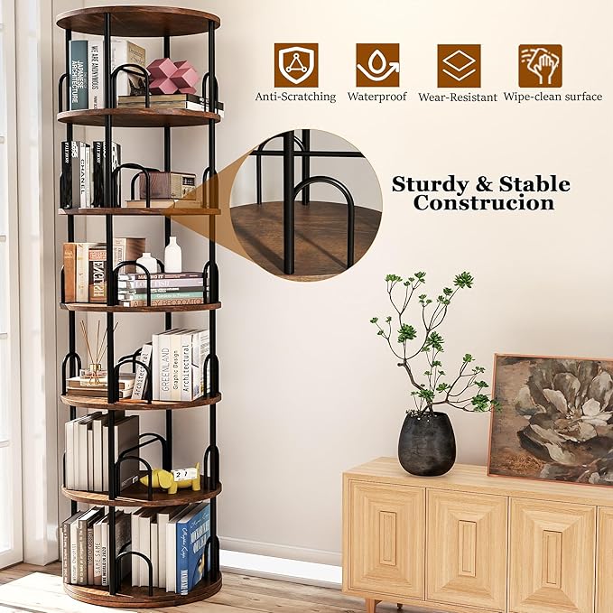 6 Tier Rotating Bookshelf Tower, 360° Display Round Bookcase, Floor Standing Corner Revolving Bookshelf Organizer Storage Rack for Home Study Office, Small Spaces (Black, 6 Tiers)