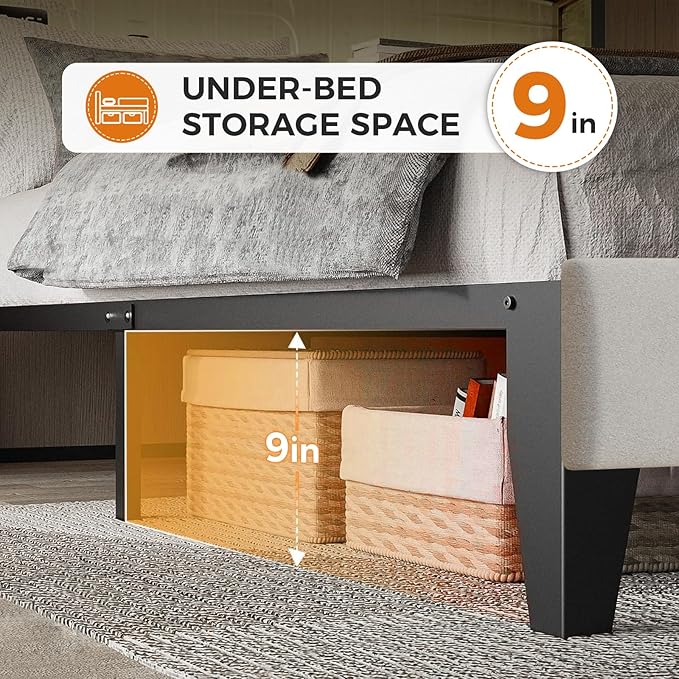 GTPLAYER King Size Bed Frame, Upholstered Platform Bed Frame with USB Type-C Tall Headboard Wingback, Soft Velvet Fabric, No Box Spring Needed, Easy Assembly, Cream
