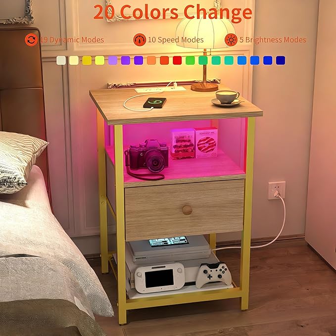 LED Nightstands Set of 2 with Charging Station, Bedside Tables with USB Ports and Outlets, End Table with Fabric-Wood 2-in-1 Drawer for Small Spaces, Wooden Color Side Table for Bedroom