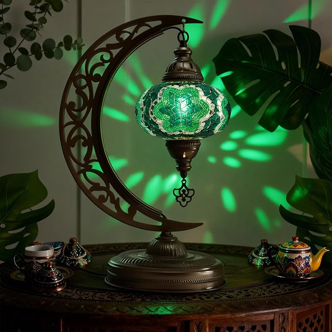 Mozaist Turkish Stained Glass Luna Shape Table Lamp, Moroccan Crescent Tiffany Style Handmade Desk Light, Rustic Moon Living Room, Mosaic Lampshade Office Decorative Dim Lighting (Emerald Green)