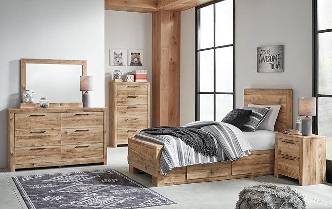 Signature Design by Ashley Hyanna Rustic Contemporary 2 Drawer Nightstand with 2 USB Charging Ports, Wood, 24.37" High, Light Golden Brown Finish