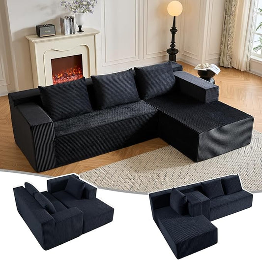HonTop 103” L-Shaped Modular Sectional Sofa with Chaise, Boneless Comfy Corduroy Fluffy Couch with Deep Seat, Flexible Module Combination for Living Room, No Assembly, Black Right | Friendly Size, Flexible Modular, Family Pet-Friendly, Soft Corduroy, S...