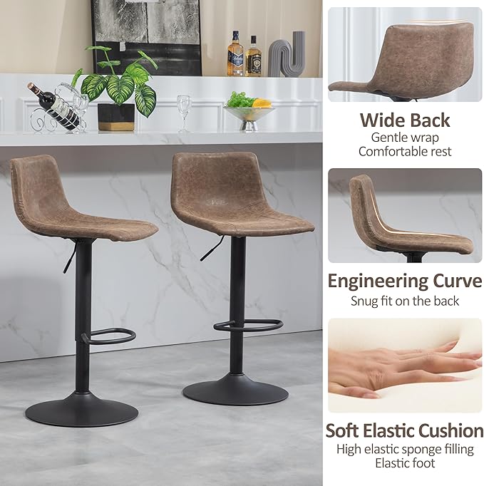 Finnhomy Bar Stools Set of 2, Swivel Adjustable Height Bar Chairs with Footrest & L-Shape Back, Vintage Leather Counter Stools for Kitchen Island, Home Bar, Retro Brown (24"-32" Height Adjustable)