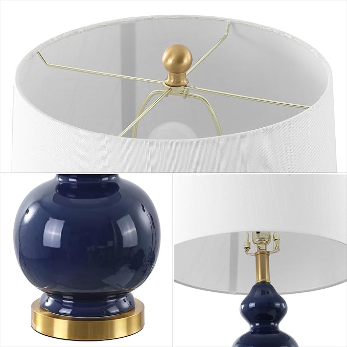 JONATHAN Y 27.5" Navy/Brass Gold Modern Ceramic Gourd Table Lamp for Living Room, Large Bedside Nightstand Lamp for Bedroom, White Linen Drum Shade, LED Bulb Included (JYL4023B)
