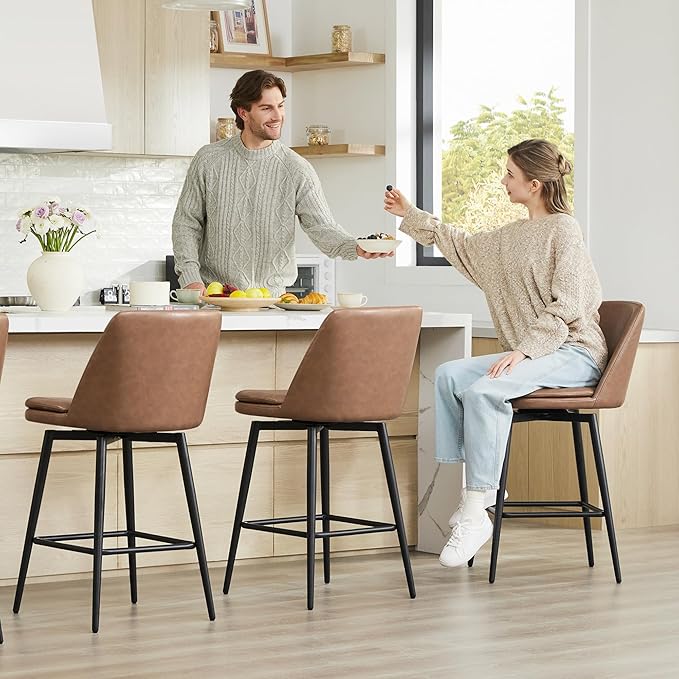 CHITA Swivel Bar Stools, 27.2" Counter Height Bar Stools Set of 3, FSC Certified Upholstered Modern Counter Stools, Metal Legs, Faux Leather, Saddle Brown