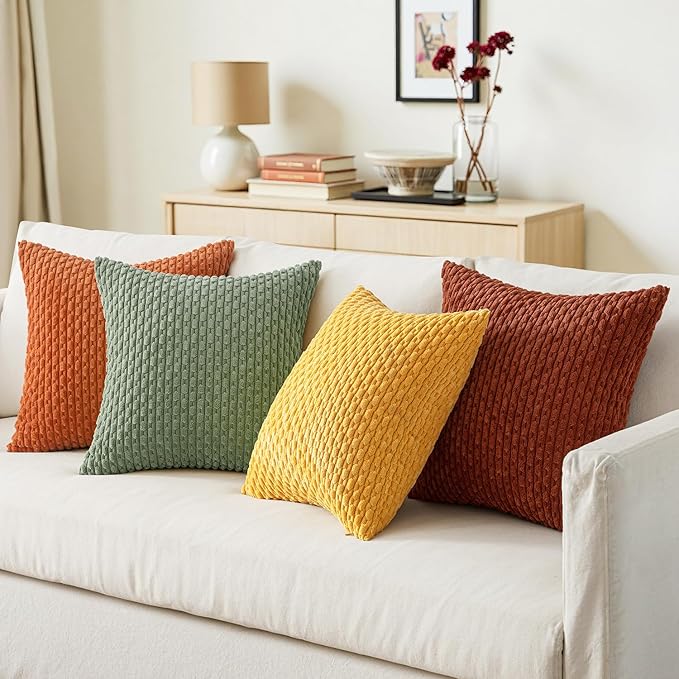 MIULEE Burnt Orange Decorative Throw Pillow Covers for Couch Modern Striped Cushion Covers Soft Corduroy Pillowcase Home Decor for Bed Sofa Living Room 18x18 Inch Set of 4 Yellow Orange