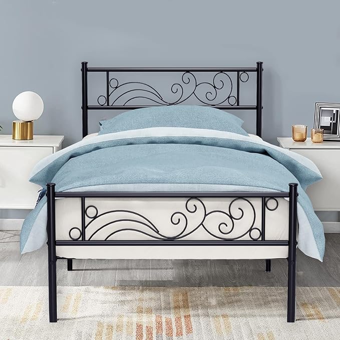 Weehom Metal Twin Bed Platform Frame Heavy Duty Steel Slat Under Bed Storage Bed Frame with Headboard, Black