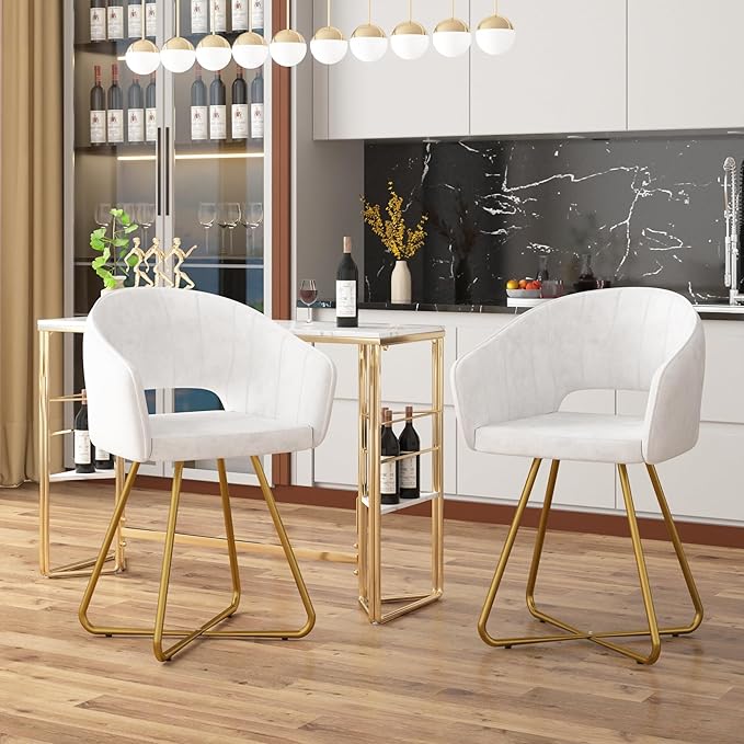 VECELO Velvet Accent Chair Set of 2, Luxury Vanity & Dining Chair with Gold Cross Base, 360°Swivel Upholstered Armchair for Living Room, Bedroom, Home Office, Pearl White