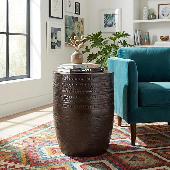 SIMPLIHOME Johnsen Tribal Accent Table – 15 inch Wide Round Metal Drum Side Table in Dark Bronze, Rustic Boho Accent Table for Living Room with Embossed Tribal Pattern, Assembled