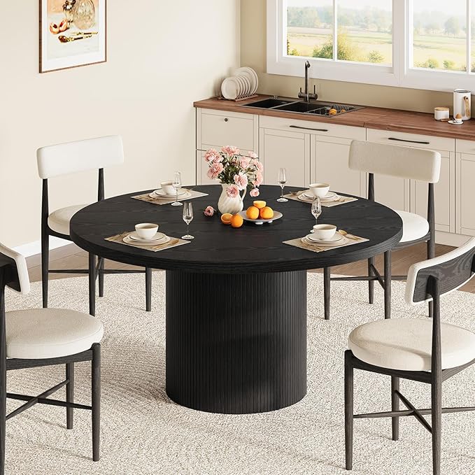 Round Kitchen Dining Table for 4-6 People, 47 inch Mid-Century Circle Dinner Tables, Rustic Wood Base in Fluted Design, Space Saving Dining Room Furniture, Large Table Only for Family Party, Black