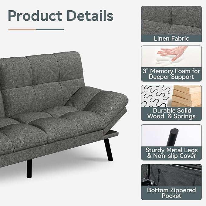 Futon Sofa Bed Convertible Couch, Grey Linen Sofa Bed with Memory Foam, Adjustable Backrest & Armrests, Multifunctional Small Loveseat Sleeper Sofa for Living Room, Apartment, Office