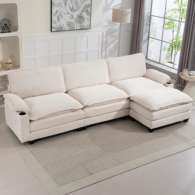 113" Convertible L Shaped Modular Sectional Sofa with Ottoman, Deep Seat Cloud Corner Couch with Layered Cushion, Corduroy Upholstered Sofa Couches w/Cupholders and Side Pockets | Wood Frame, Solid Legs