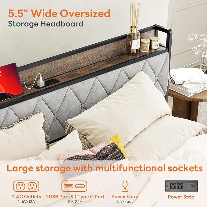 Sweetcrispy King Bed Frame with Headboard, Storage Headboard with USB Charging Station, Durable Squeak-Free Frame, Simple No-Tool Assembly,Works with King Mattress No Box Spring Needed