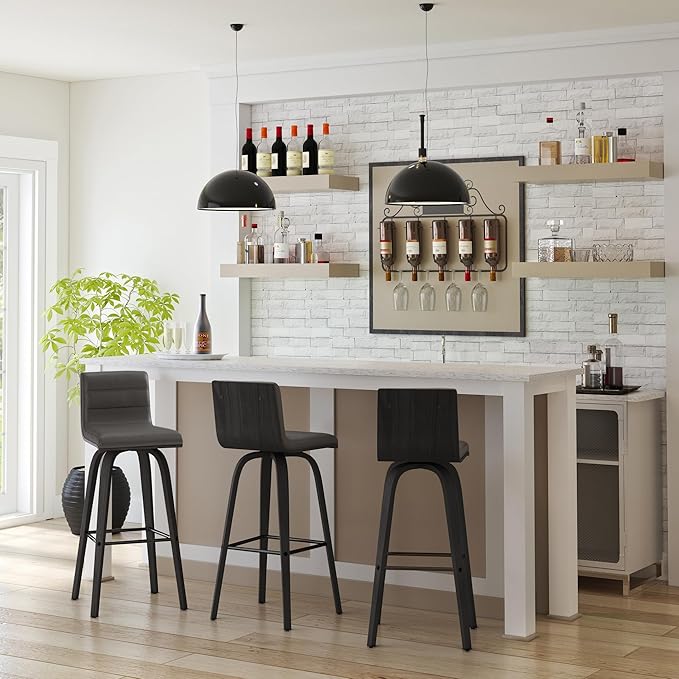 Vienna 30" Swivel Bar Stool in Black Wood Finish with Gray Faux Leather - Set of 3