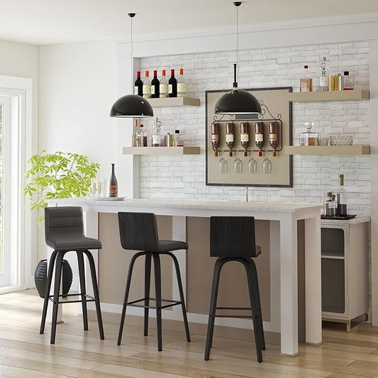 Vienna 30" Swivel Bar Stool in Black Wood Finish with Gray Faux Leather - Set of 3