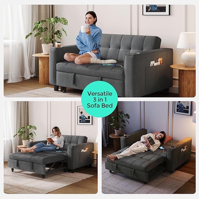 LINSY 54" Pull Out Couch with Charging Station - Sleeper Sofa Bed with Cup Holder, Small 3 in 1 Convertible Loveseat Sleeper Couch for Apartment, Dorm Room, Bedroom and Small Space, Dark Gray