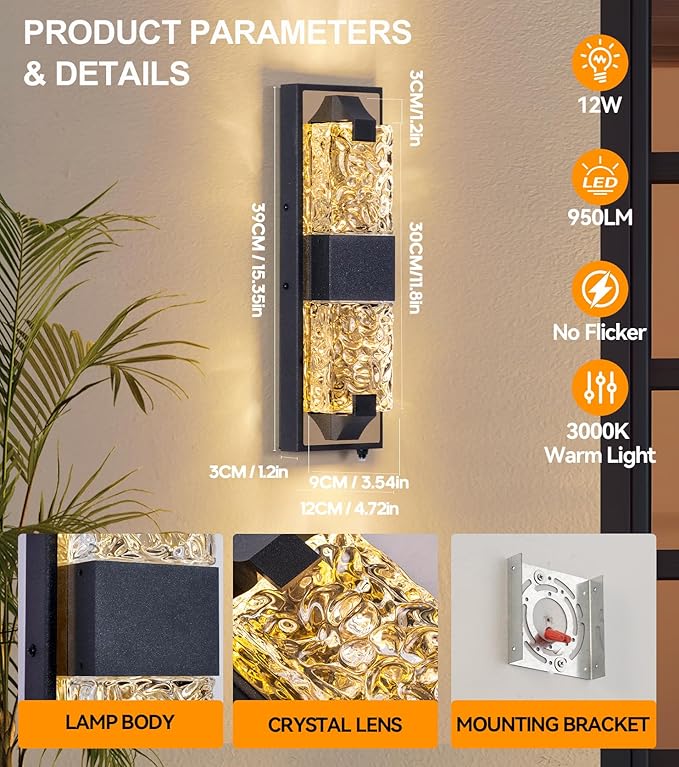 HITTO Porch Lights Outdoor, Dusk to Dawn Outdoor Lighting 15.6'' Outdoor Wall Sconce, IP65 Waterproof LED Exterior Lamp, Ripple Crystal Glass, Black&Gold Modern Porch Light for House Front Door 1 Pack