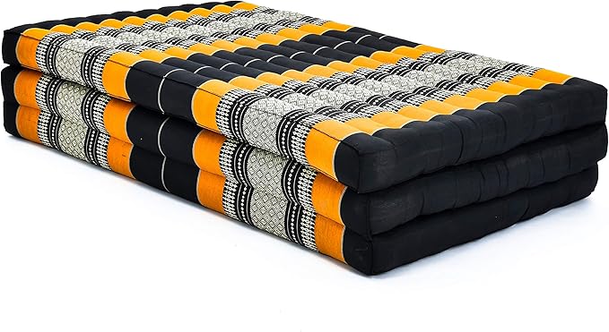Leewadee Trifold Mattress XL – Comfortable Thai Massage Pad, Foldable Relaxation Floor Mattress Filled with Kapok, Perfect to Use as a Sleeping Mat 79 x 39 inches, Black Orange
