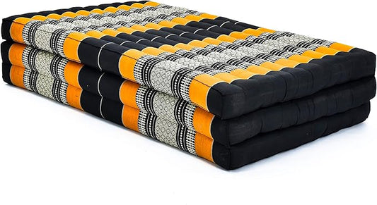 Leewadee Trifold Mattress XL – Comfortable Thai Massage Pad, Foldable Relaxation Floor Mattress Filled with Kapok, Perfect to Use as a Sleeping Mat 79 x 39 inches, Black Orange