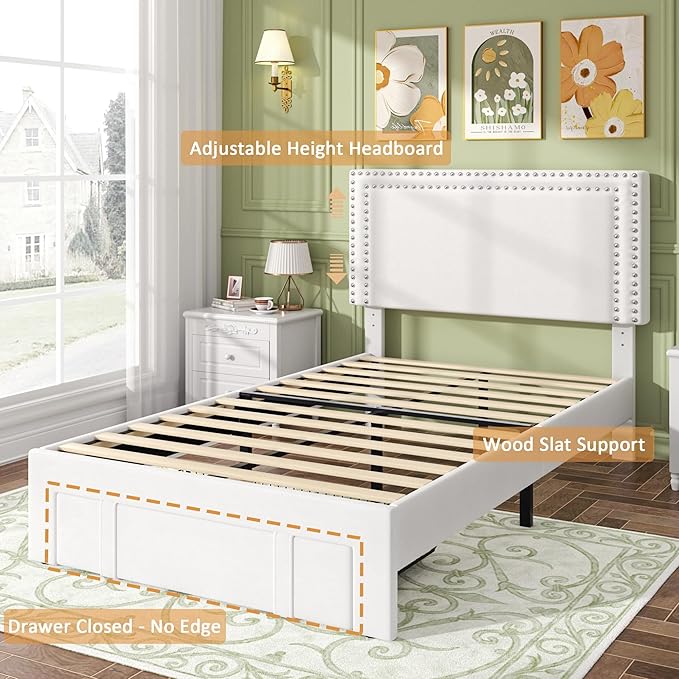 VECELO Twin Platform Bed Frame with Storage Drawer, Adjustable Velvet Headboard, Wooden Slats Support, No Box Spring Needed, Easy Assembly