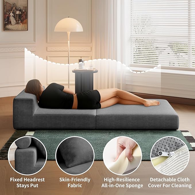 Folding Sofa Bed, 3-in-1 Convertible Sleeper Chair Bed with Pillows, Foldable Floor Couch with High-Density Foam, Futon Small Boneless Couch for Living Room Bedroom Lounge, Single, Gray
