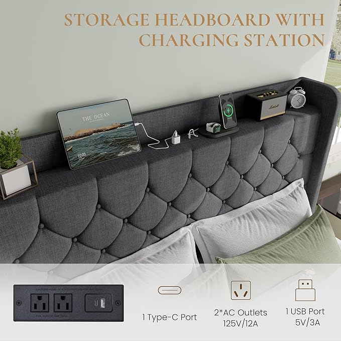SHA CERLIN Full Size Platform Bed Frame with Charging Station, Velvet Wingback Headboard with Storage shelf, Wooden Slats Support, Ample Under-Bed Space, No Box Spring Needed, Easy Assembly, Dark Grey
