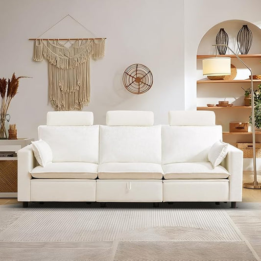 3-Seat Power Reclining Sofa with Under-Seat Storage, USB Ports, Chenille Upholstery, Removable Headrests & Throw Pillows, Power Reclining Couch for Living Room (Cream)