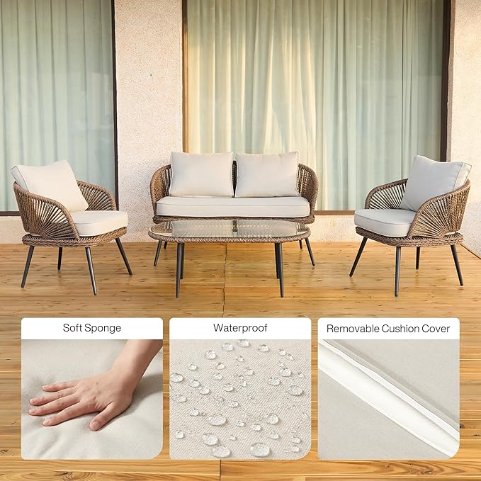 Tribesigns 4-Piece Outdoor Patio Furniture Set, Rattan Wicker Conversation Furniture Set with Removable Cushions and Glass Coffee Table for Garden, Pool, Porch, Balcony (Brown)